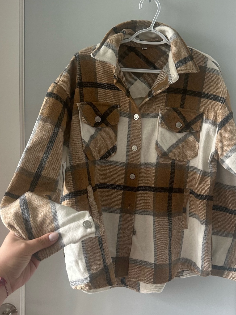 Women’s Large Cozy Plaid Shacket Jacket Oversized Warm Button Up